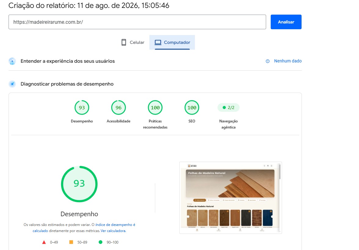 Print do PageSpeed Insights / Core Web Vitals da Madeireira Rume mostrando métricas no verde (LCP, INP, CLS)