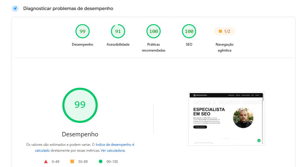 Print do PageSpeed Insights do meu próprio site mostrando alta pontuação de performance e Core Web Vitals